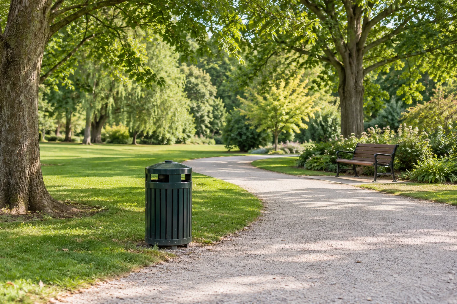 Photo-style sample of a park with a rubbish bin